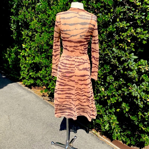 Mock Sheer Long-sleeve Tiger Striped Beige Dress - Picture 3 of 3